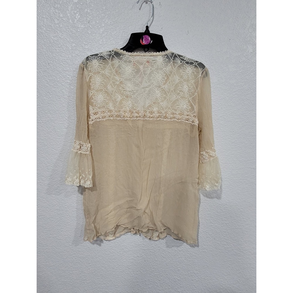Free People Vintage Cream Silk Lace M Boho Blouse Sheer Ribbon V-Neck Top #22 - Picture 5 of 9
